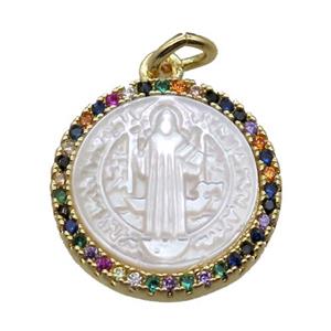 copper circle pendant pave zircon with shell virgin mary, gold plated, approx 15mm dia