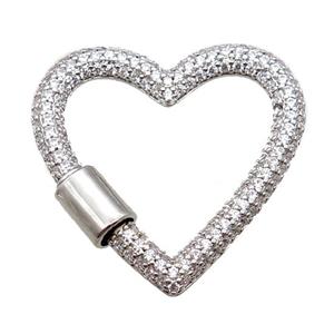 copper heart carabiner lock pendant paved zircon, screw, platinum plated, approx 31-34mm