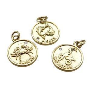 copper circle pendant with mix Zodiac, gold plated, approx 15mm dia