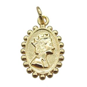 copper oval pendant with queen, gold plated, approx 11-17mm