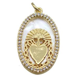 copper oval pendant paved zircon, shell backing, gold plated, approx 14-22mm