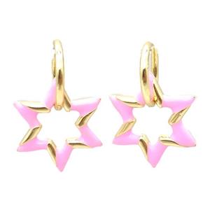copper hoop Earring with pink enameling, star, gold plated, approx 22mm, 14mm dia