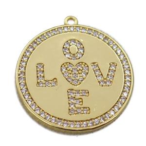 copper circle pendant pave zircon, LOVE, gold plated, approx 25mm