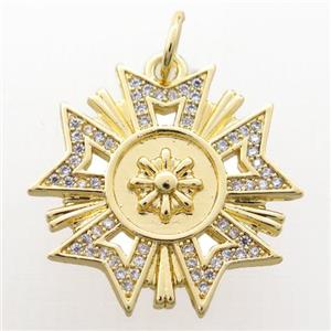 copper Compass pendant pave zircon, gold plated, approx 23mm dia