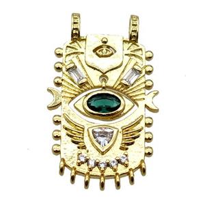 copper rectangle pendant pave zircon with 2loops, eye, gold plated, approx 16-28mm