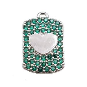 copper rectangle pendant pave green zircon, heart, platinum plated, approx 12-16mm