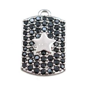 copper rectangle pendant pave black zircon, star, platinum plated, approx 12-16mm