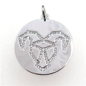 copper circle pendant pave zircon, zodiac Aries, platinum plated, approx 28mm dia