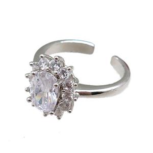 copper Rings paved zircon, adjustable, platinum plated, approx 12-14mm, 20mm dia