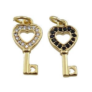 copper key pendant pave zircon, mix, gold plated, approx 8-13.5mm