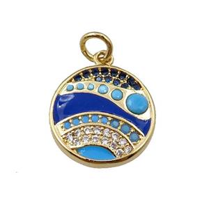 copper circle pendant pave zircon, wave, gold plated, approx 15mm dia