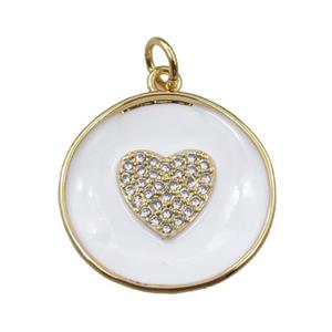 copper circle pendant pave zircon with white enameled, heart, gold plated, approx 20mm dia