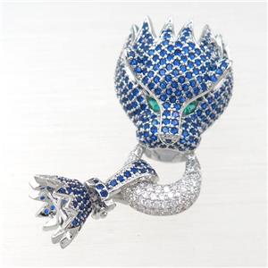 copper clasp pave blue zircon, lion, platinum plated, approx 12mm, 20-22mm