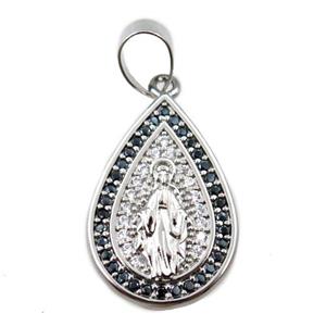copper teardrop pendant pave zircon, jesu, platinum plated, approx 14-20mm