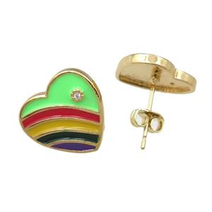 copper Stud Earring with enameled, heart, gold plated, approx 14mm