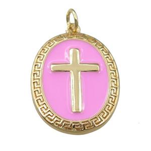 copper oval pendant with pink enameled, cross, gold plated, approx 17-22mm