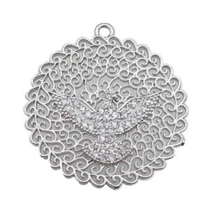 copper circle pendant pave zircon with hawk, platinum plated, approx 30mm dia