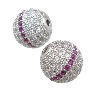 copper beads pave zircon, round, platinum plated, approx 10mm dia