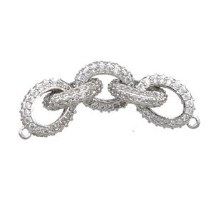 copper linker connector pave zircon, oval, platinum plated, approx 10-12mm, 40mm length