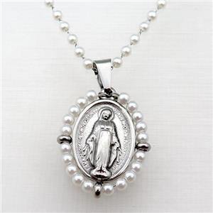 Stainless Steel Jesus Necklace White Pearlized Glass Platinum Plated, approx 23-30mm, 50-55cm length