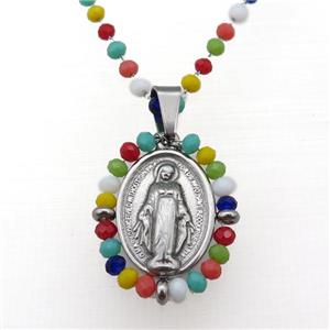 Stainless Steel Jesus Necklace Multicolor Crystal Glass Platinum Plated, approx 23-30mm, 50-55cm length