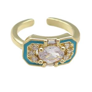copper Rings pave zircon with blue enamel, gold plated, adjustable, approx 9-15mm, 17mm dia