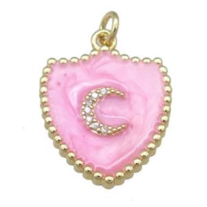 copper shield pendant with moon, pink enamel, gold plated, approx 18-20mm