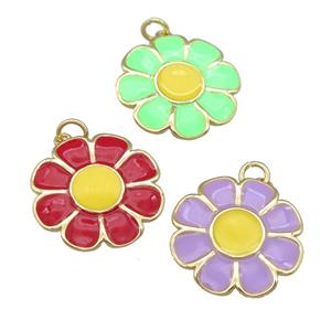 copper Sunflower pendant with enamel, gold plated, mixed, approx 20mm