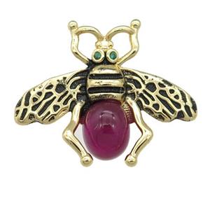 copper honeybee Connector with red cats eye stone, antique gold, approx 26-32mm
