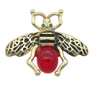 copper honeybee Connector with red cats eye stone, antique gold, approx 26-32mm