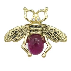 copper honeybee Connector with red cats eye stone, antique gold, approx 26-32mm