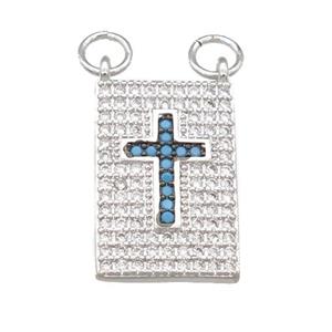 copper Rectangle pendant pave zircon, cross, platinum plated, approx 12-18mm