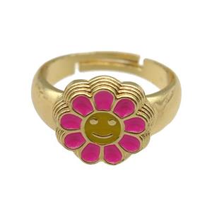 copper Ring with hotpink enamel daisy, adjustable, gold plated, approx 14mm, 18mm dia