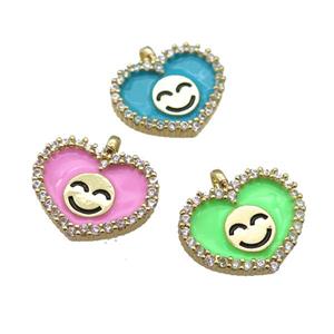 copper Heart pendant paved zircon with enamel, happiness face, gold plated, mixed, approx 17-18mm