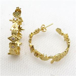 copper Stud Earring paved zircon, gold plated, approx 30mm