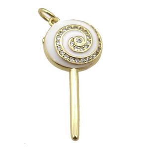 copper Lollipop pendant paved zircon with white enamel, gold plated, approx 13-30mm