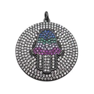 copper Hamsahand pendant paved zircon, black plated, approx 29mm dia