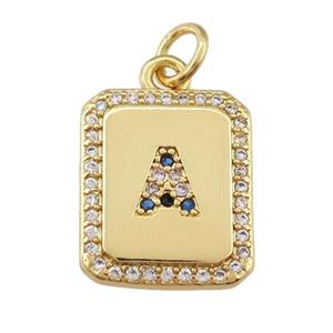 copper Letter-A pendant paved zircon, rectangle, gold plated, approx 12-15mm