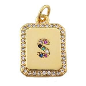 copper Letter-S pendant paved zircon, rectangle, gold plated, approx 12-15mm