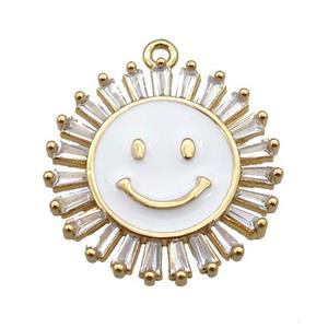 copper Emoji pendant paved zircon with white enamel, sunflower, gold plated, approx 20mm dia