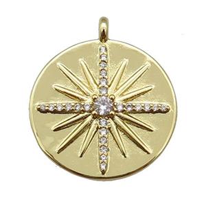 copper circle pendant paved zircon with star, gold plated, approx 20mm dia