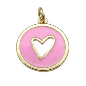 copper Circle pendant with pink enamel, heart, gold plated, approx 16mm