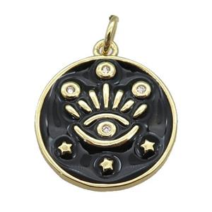 copper Circle pendant with black enamel, eye, gold plated, approx 17mm