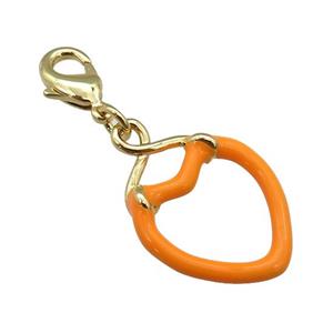 copper Lobster Clasp with orange enamel heart, gold plated, approx 17-25mm, 10mm
