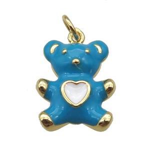 copper Bear pendant with teal enamel, gold plated, approx 13-16mm