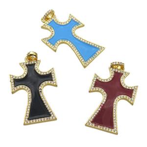 copper Cross pendant paved zircon with enamel, gold plated, mixed, approx 22-33mm