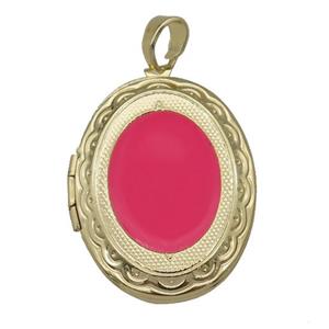 copper Oval Locket pendant with red enamel, gold plated, approx 23-30mm