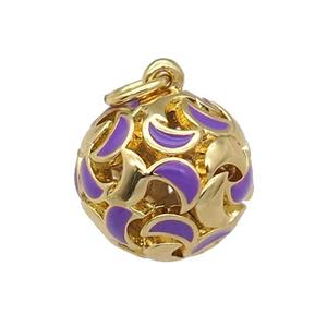 copper Ball pendant with purple enamel moon, hollow, gold plated, approx 13mm dia