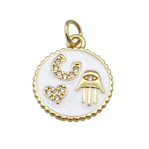 copper circle pendant paved zircon with white enamel, hand, heart, gold plated, approx 14.5mm dia