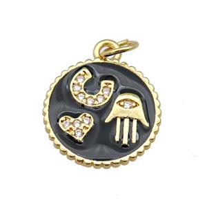 copper circle pendant paved zircon with black enamel, hand, heart, gold plated, approx 14.5mm dia